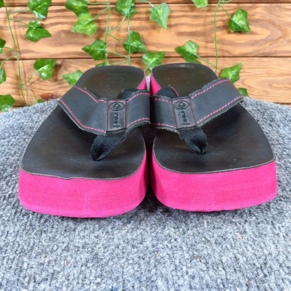 Reef Ginger Platform Women Sandals Sz 7 Beach Pink Black Leather Thong Flip Flop